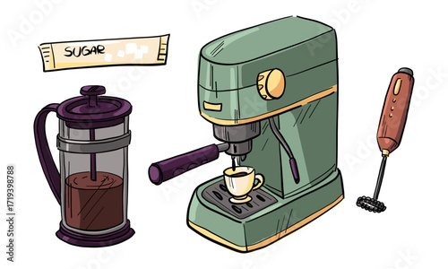 A set of items for making coffee. Color illustration of isolated items. French press, espresso coffee maker, hand-held blender, disposable sugar bag. A hot, invigorating coffee drink