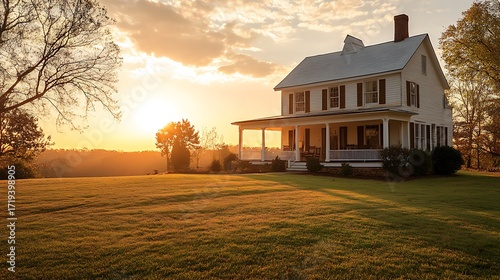 Historic farmhouse bathed in golden hour sunset light