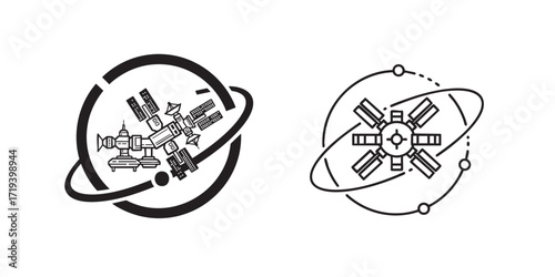 Minimal black and white space station icon with orbit rings, great for astronomy, space travel, and futuristic science themes.
