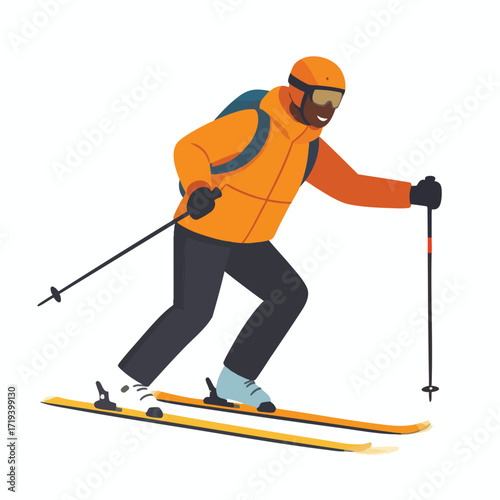 A Black man enjoys downhill skiing, wearing bright orange gear and a backpack.