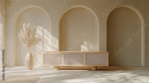 A light-filled, minimalist interior design featuring a light beige wooden cabinet with woven rattan detailing and a tall vase of pampas grass, all set against arches and a neutral color palette.