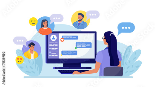 Woman chatting with friends, colleagues online. Communication, conversation on internet forum. Employee using computer for virtual meeting, video conference, messaging. Remote work. Social networks