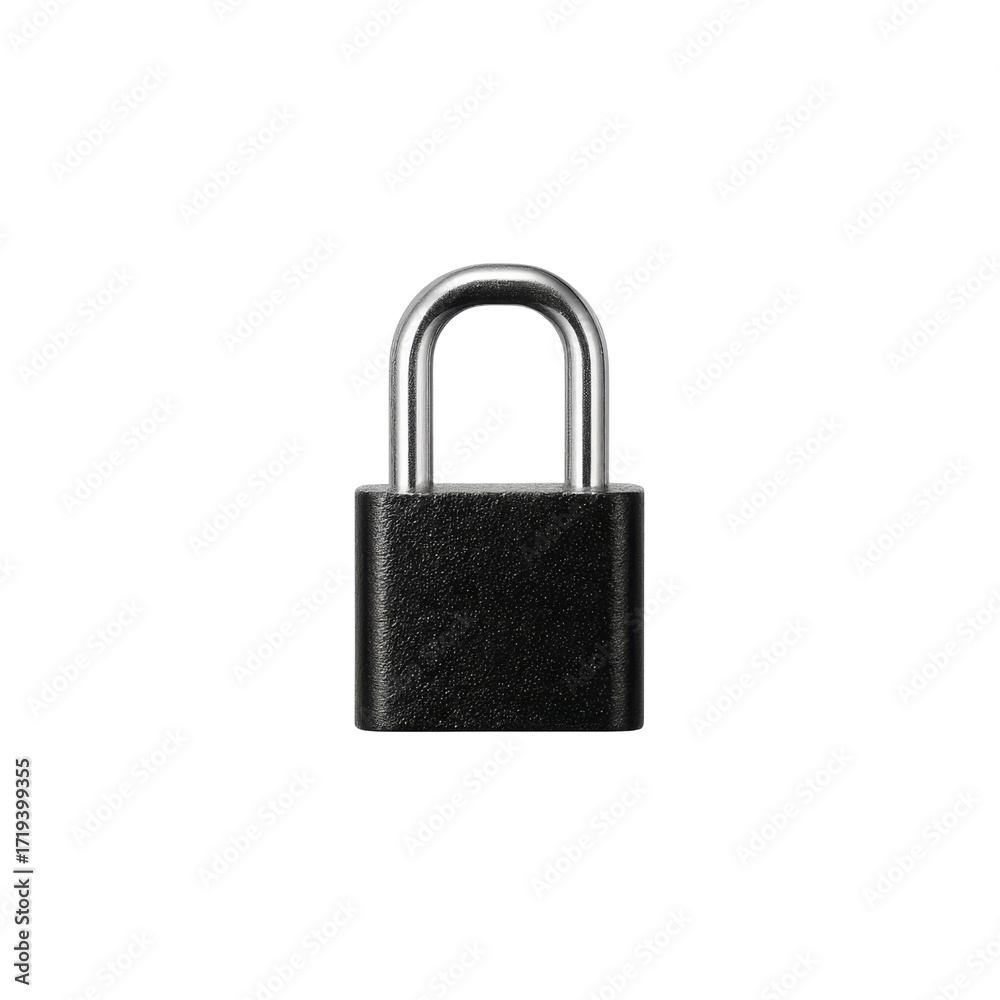 Fototapeta premium Minimalist Black Padlock with Metal Shackle Isolated on White Background for Security Concepts and Identity Protection