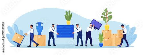 Moving to new apartment. Home relocation. Delivery company services. Loaders in overalls taking home appliances, goods, plants out of apartment. Movers carrying cardboard boxes, assembling furniture