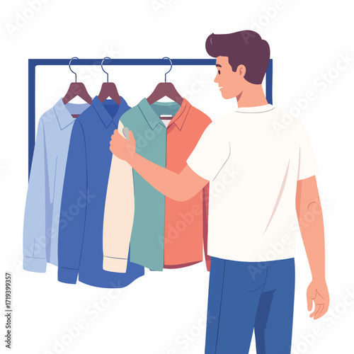 A man examines a colorful shirt on a clothing rack, choosing attire.