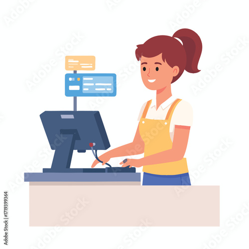 A smiling cashier stands behind a cash register, ready to assist customers with purchases.
