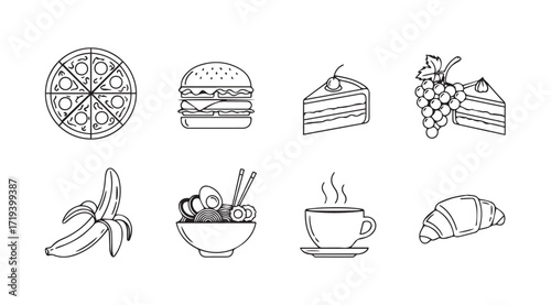 Collection of hand drawn food icons in a distinctive silhouette style