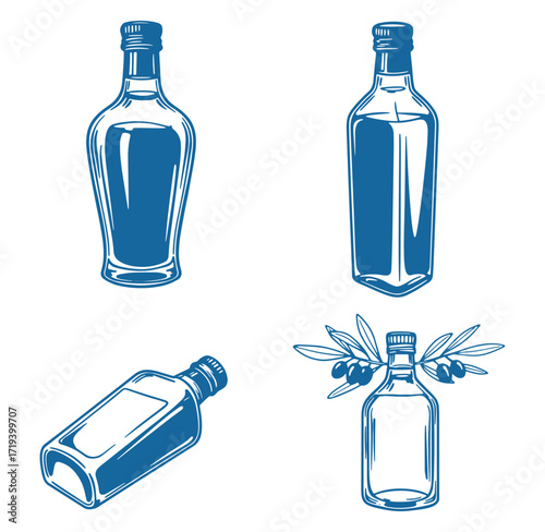 Vintage illustrations of olive oil bottles in various styles with olive branch element
