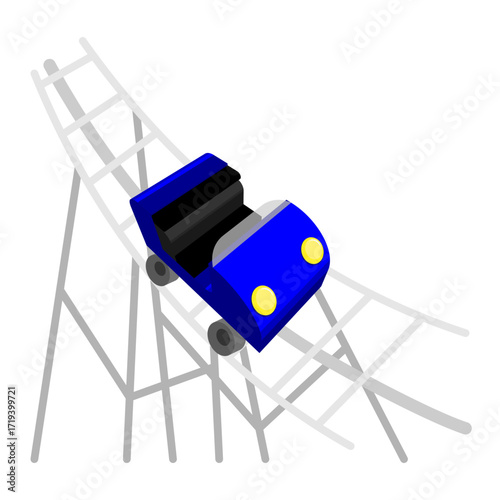 Isometric cartoon 3D car rushing along the roller coaster rails. Vector concept isolated on white background