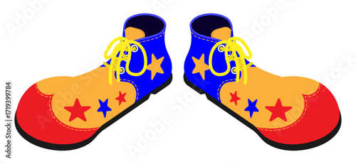 Isometric huge clown shoes with bright red toes and yellow laces. Realistic 3D vector concept isolated on white background
