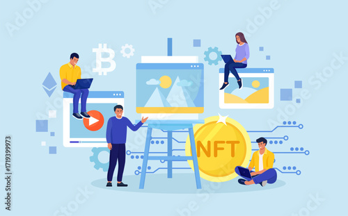 NFT as non-fungible token for digital blockchain unit. People making digital transaction for buying masterpieces. Online gallery nft art. Collectible digital file sale. Artist create crypto art