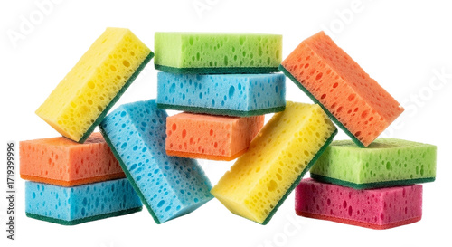 Bursting rainbow of cleaning hope Sponges stacked high promise fresh starts and squeaky clean surfaces against a stark