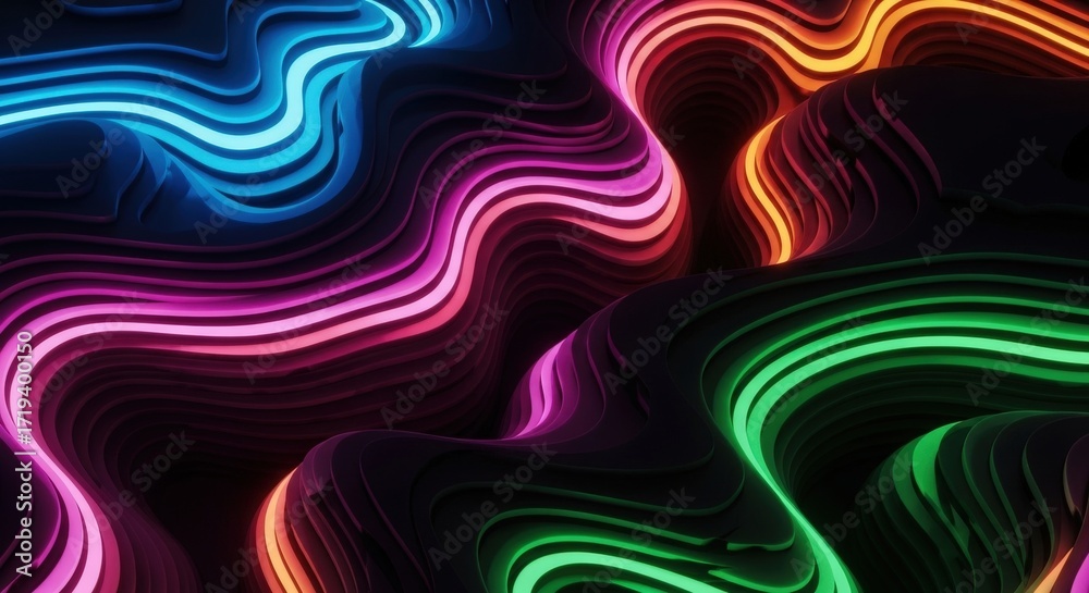 Fototapeta premium Abstract 3D Wavy Lines with Neon Colors Dark Background.