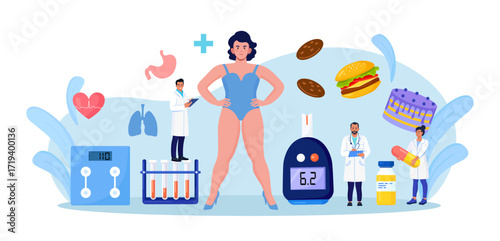 Obesity concept. Doctor consulting overweight woman. Physician diagnosis health problem, heart disease, diabetes, high blood pressure. Unhealthy eating habits and bad nutrition. Weight loss, dieting