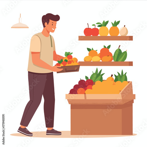 Smiling man shopping for fruits in a grocery store.