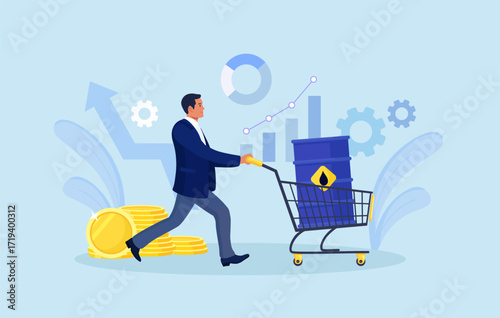 Businessman buying crude oil gallon. Man with barrel in shopping cart trolley. Crude oil investment. Investor buy oil stock of fuel power company to make profit. Global stock market speculation