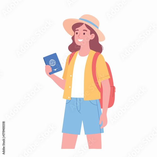 Smiling woman holding a passport, ready for a trip, wearing a hat and backpack.