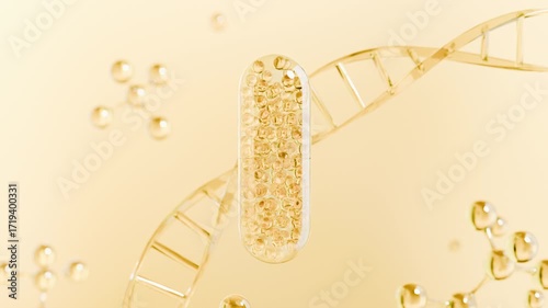 3D render of a transparent capsule filled with golden particles, floating in front of abstract DNA strands and liquid bubbles. Perfect for pharmaceutical or supplement ads.