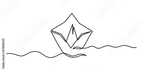 Paper boat origami one line art, hand-drawn ship sailing on wavy water river continuous contour. Trendy sea yacht sailboat travel journey trip outline minimalist linear symbol. Editable stroke. Vector