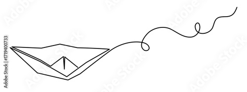 Paper boat origami one line art, hand-drawn ship sailing on wavy water river continuous contour. Trendy sea yacht sailboat travel journey trip outline minimalist linear symbol. Editable stroke. Vector