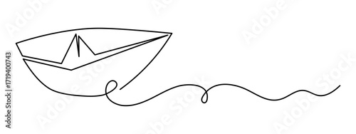 Paper boat origami one line art, hand-drawn ship sailing on wavy water river continuous contour. Trendy sea yacht sailboat travel journey trip outline minimalist linear symbol. Editable stroke. Vector