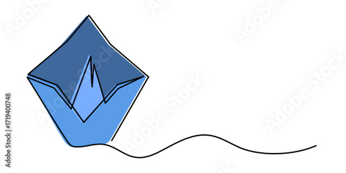 Paper boat origami one line art, hand-drawn ship sailing on wavy water river continuous contour. Trendy sea yacht sailboat travel journey trip outline minimalist linear symbol. Editable stroke. Vector