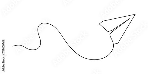 Paper plane origami one line art, hand-drawn airplane flying in air up continuous contour. Trendy aeroplane travel journey trip vacation outline minimalist linear symbol. Editable stroke