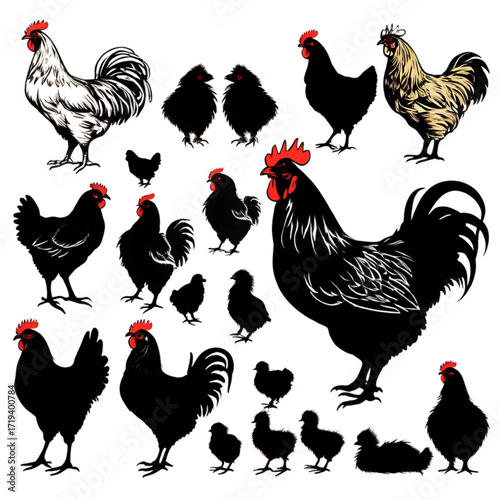 Rooster and hen vector illustration set of chickens