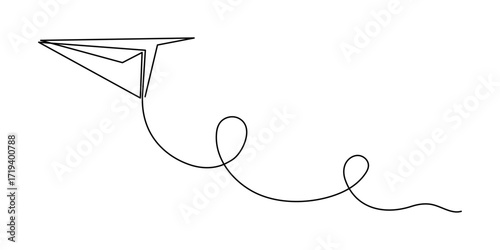 Paper plane origami one line art, hand-drawn airplane flying in air up continuous contour. Trendy aeroplane travel journey trip vacation outline minimalist linear symbol. Editable stroke