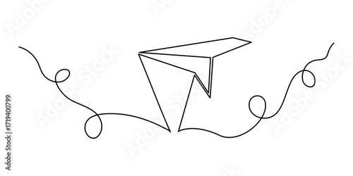 Paper plane origami one line art, hand-drawn airplane flying in air up continuous contour. Trendy aeroplane travel journey trip vacation outline minimalist linear symbol. Editable stroke