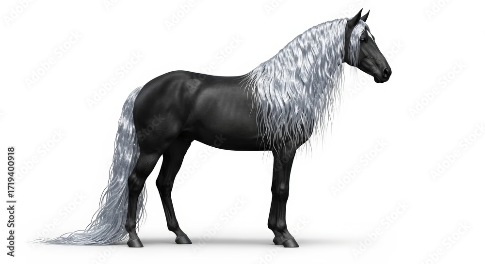 Fototapeta premium A striking black horse with a long, flowing silver mane and tail stands elegantly against a white background.