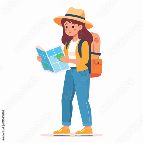 A young woman backpacker consults a map, planning her adventure.