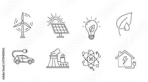 Collection of hand drawn eco friendly energy icons silhouette
