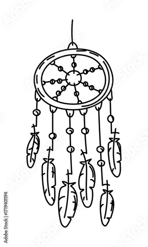 Round Native American dream catcher in the style of doodle. Wooden circle with braided ropes, beads, and feathers. Repels evil spirits. Handmade. Black and white doodle. American Indian