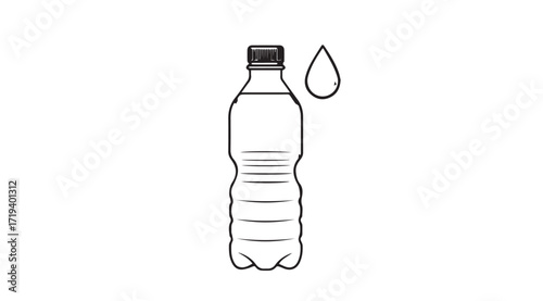 Clear plastic water bottle with a single water drop silhouette