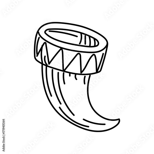 The animal's horn is decorated with Native American symbols in the doodle style. Ancient drinking utensils. Painted elements for everyday life. Engravings, graphics, and shading. American Indians
