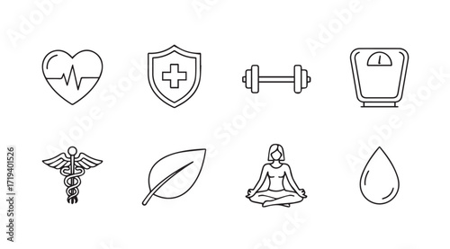 Collection of health and wellness icons in a distinctive silhouette style