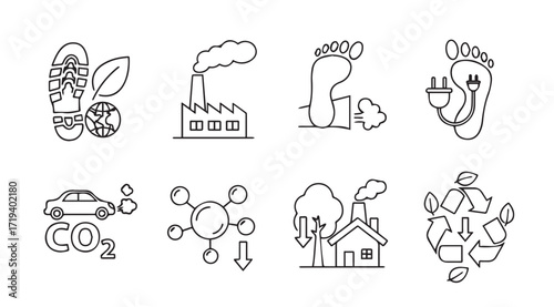 Collection of environmental icons representing sustainability and carbon footprint silhouette