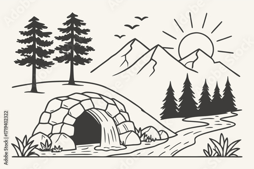 Black and White Nature Scene: A scenic landscape of nature's beauty, depicted in clean lines, including mountains, river, trees, cave, birds and the sun.