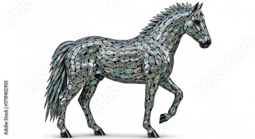 A detailed sculpture of a horse made from recycled metal parts, showcasing intricate craftsmanship and artistic reuse of materials.