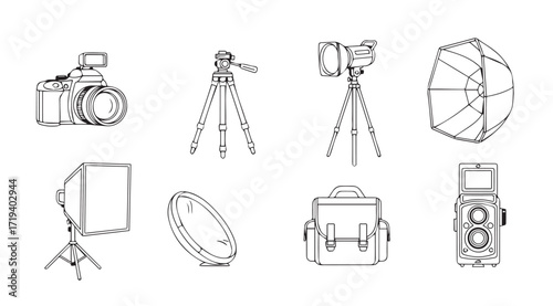 Collection of photography equipment illustrated in a distinctive silhouette style
