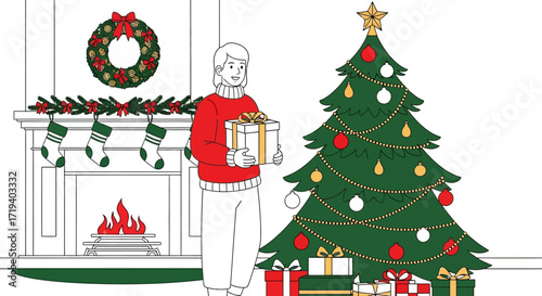 Illustration of a person holding a Christmas gift near a decorated Christmas tree and fireplace