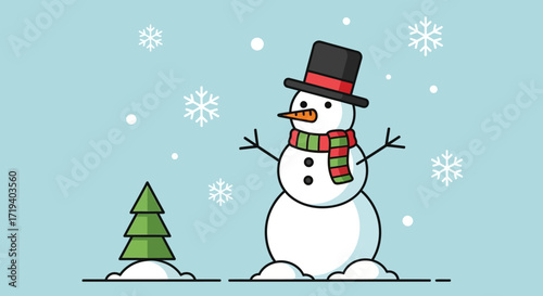 Festive snowman with a top hat and scarf in a cheerful winter wonderland scene