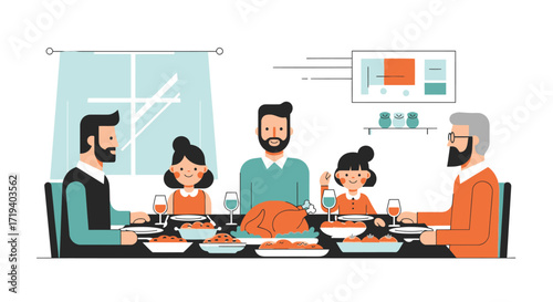 Illustration of a Family Gathered Around a Table for Thanksgiving Dinner Celebration