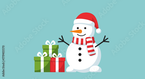 Cheerful Snowman Illustration with Gifts, Perfect for Holiday Greetings and Winter Designs