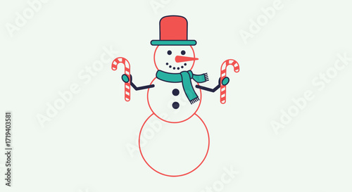 Charming cartoon snowman with candy canes illustration embodying winter festive spirit