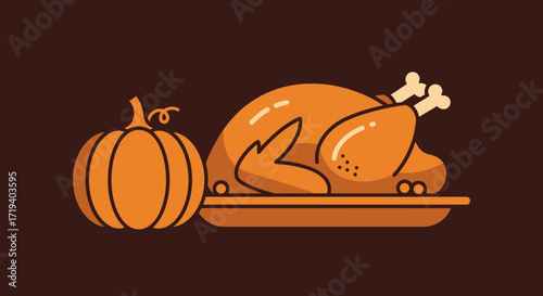A delightful illustration of a thanksgiving turkey and pumpkin against a brown backdrop