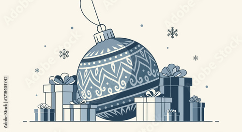 Elegant christmas illustration with a large ornament and a pile of beautifully wrapped presents