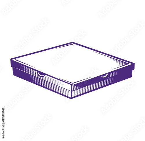 A vector illustration of a purple and white closed pizza box on white background