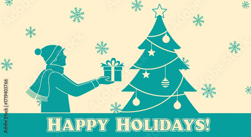 Festive holiday illustration with christmas tree gift giving and joyful greetings